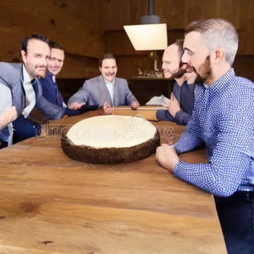 Prompt: a corporate meeting with people around a wood table looking at a huge camembert, soft lighting, high quality stock picture