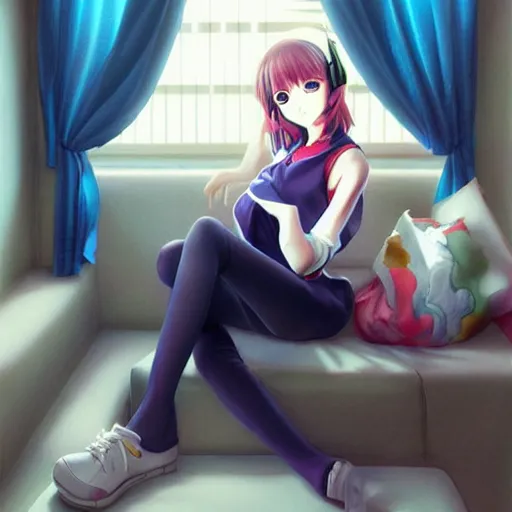 Image similar to anime beautiful girl sits on the sofa and listens to music, the sun shines through the window, highly detailed, 8 k, pixiv, in style of kyoto animation, art by artgerm and cushart krenz