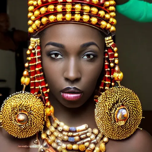 Prompt: beautiful african woman adorned in jewels, facial jewelry, and a staff