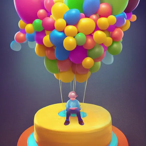 Image similar to a giant floating cake suspended to plenty of floating birthday balloons. digital art, highly - detailed, sharp focus, artstation cgsociety masterpiece