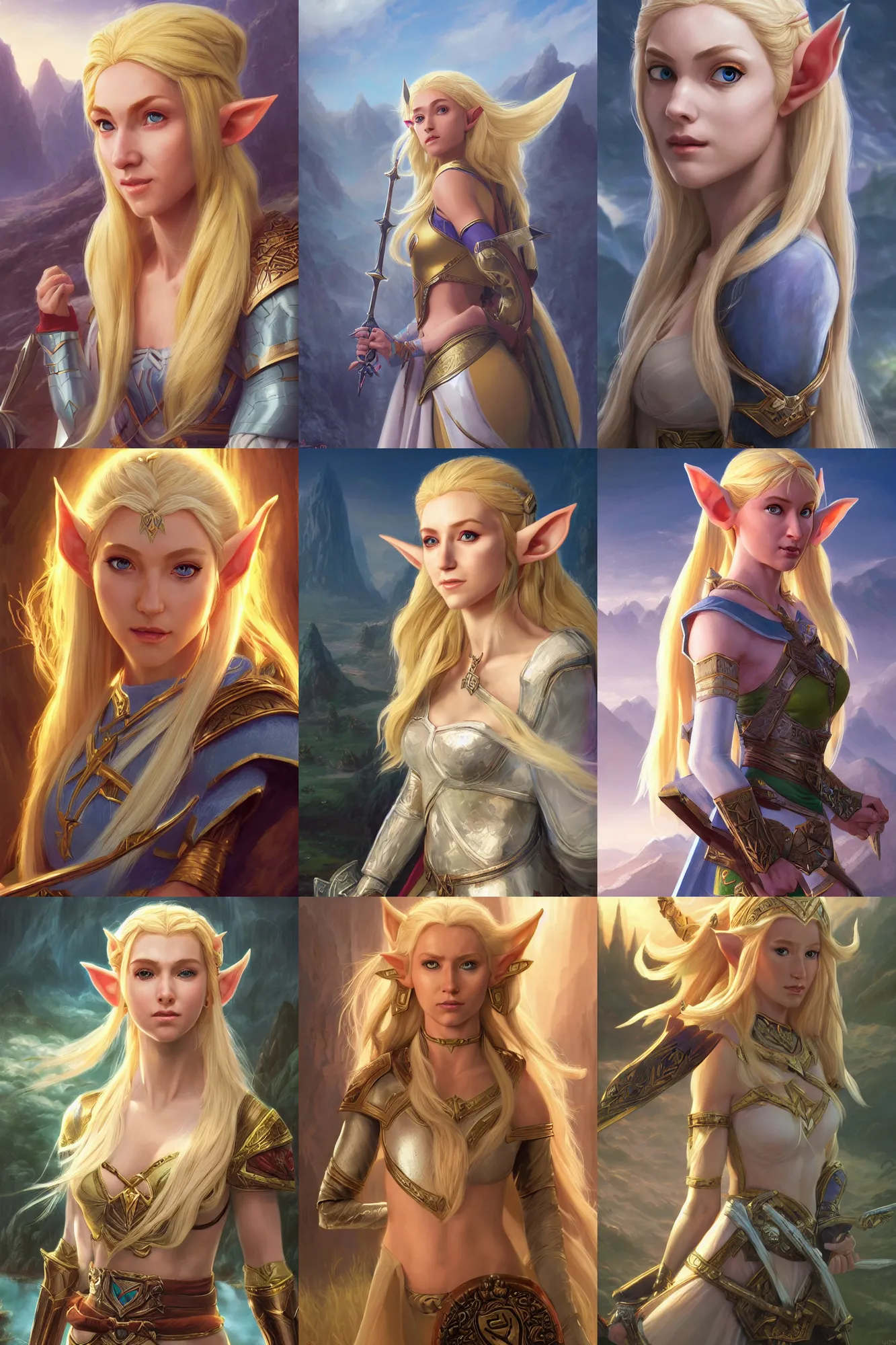 Prompt: A comic book style portrait painting of a blonde female elf cleric, princess Zelda in a stunning fantasy landscape, semi-realism, unreal 5, DAZ, hyperrealistic, octane render, RPG portrait, dynamic lighting, daily deviation, very very very very very beautiful, character illustration by Greg Rutkowski, Thomas Kinkade
