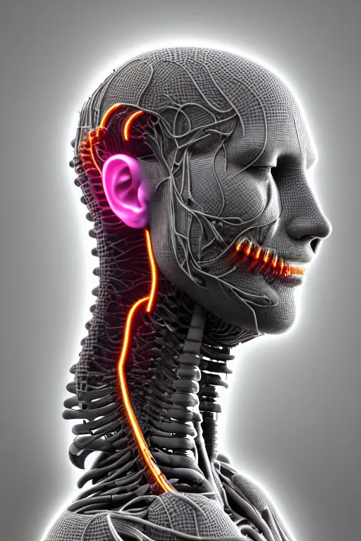 Prompt: 3D render of a rugged profile face portrait of a male cyborg, 150 mm, capacitors, Mandelbrot fractal, anatomical, flesh, facial muscles, neon wires, microchip, veins, arteries, full frame, microscopic, elegant, highly detailed, flesh ornate, elegant, high fashion, rim light, octane render in the style of H.R. Giger and Bouguereau