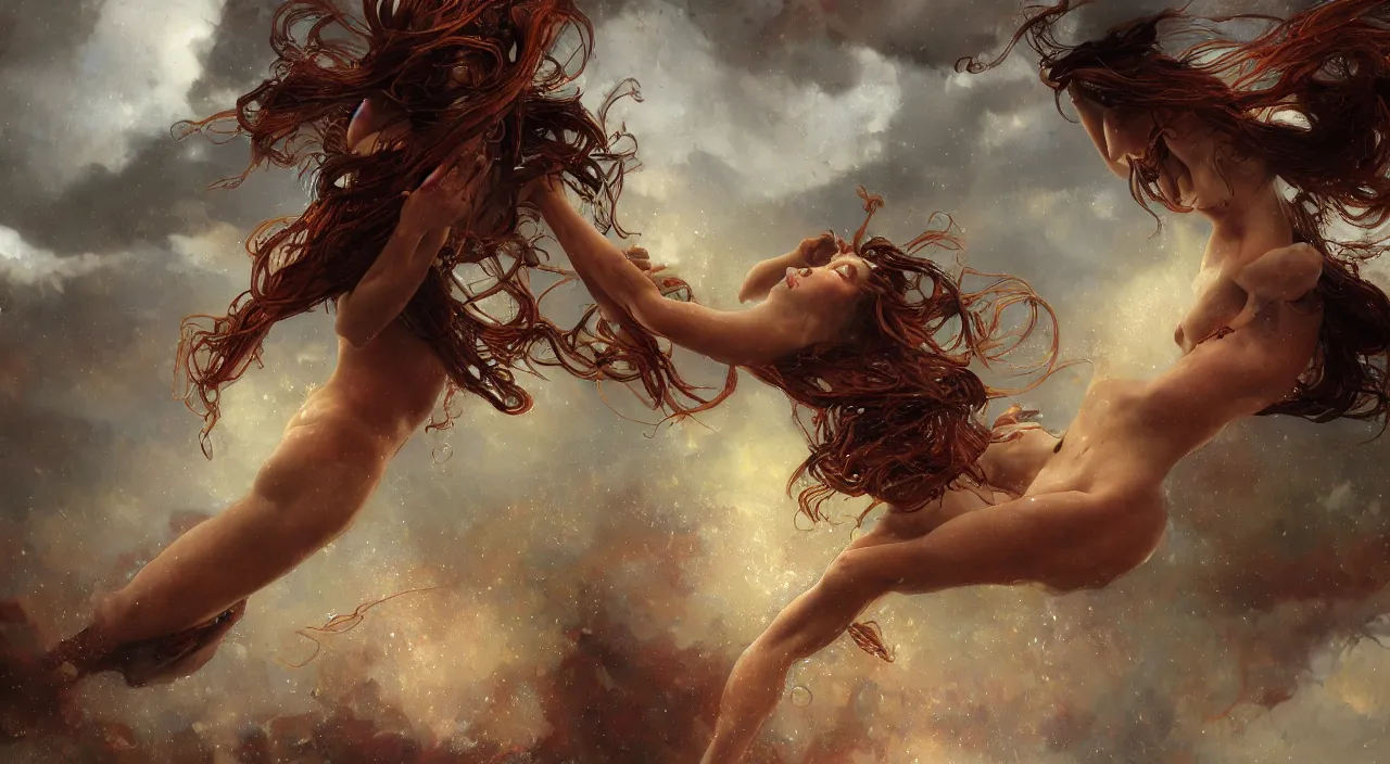 Image similar to 3 0 perfect woman bodies flying inside spaghetti bolognesa with meatballs and hundred rusted perfect woman bodies flying in stormy clouds by by jeremy mann and alphonse mucha, fantasy art, photo realistic, dynamic lighting, artstation, poster, volumetric lighting, very detailed faces, 4 k, award winning, hyper - realism