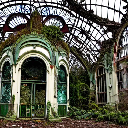 Image similar to abandoned overgrown art nouveau winter garden, epic details