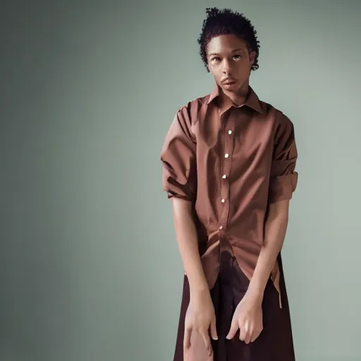 Image similar to realistic photoshooting for a new balenciaga lookbook color film photography portrait of a beautiful woman model, model wears a brown le papier'la chemise machou'shirt, photo in style of tyler mitchell