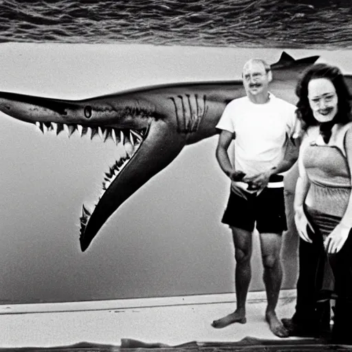 Prompt: marine biologists pose next to megladon shark, caught giant shark, scientists posing, they keep some distance, hanging shark, national geographic photo 1 9 7 0 s, fugifilm