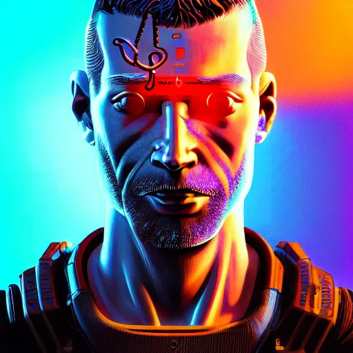 Image similar to Colour Cyberpunk 2077 style Photography of 1000 years old man with highly detailed 1000 years old face wearing higly detailed cyberpunk VR Headset designed by Josan Gonzalez Many details. . In style of Josan Gonzalez and Mike Winkelmann andgreg rutkowski and alphonse muchaand Caspar David Friedrich and Stephen Hickman and James Gurney and Hiromasa Ogura. Rendered in Blender