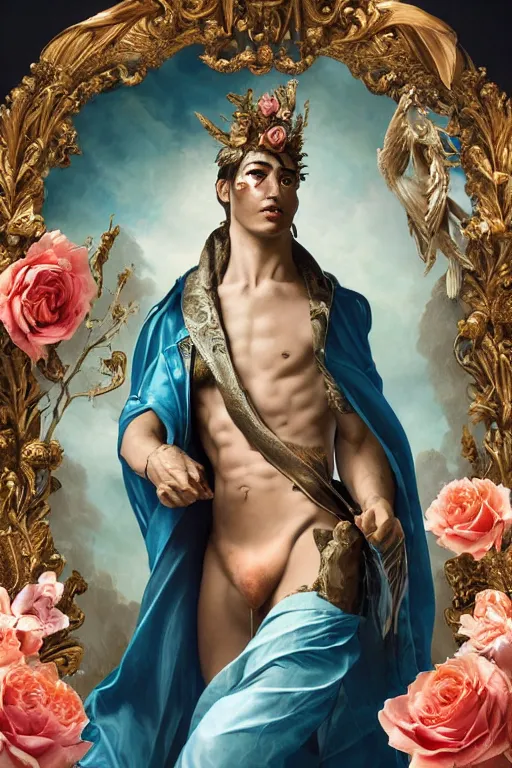 Image similar to a young handsome Latino prince in a full-body bronze cyberpunk style statue of Icarus with glowing blue eyes, crown of peach roses, flowing teal-colored silk, fabric, flowers. baroque elements, human skull. full-length view. baroque element. intricate artwork by caravaggio. many many birds birds on background. Trending on artstation, octane render, cinematic lighting from the right, hyper realism, octane render, 8k, depth of field, 3D