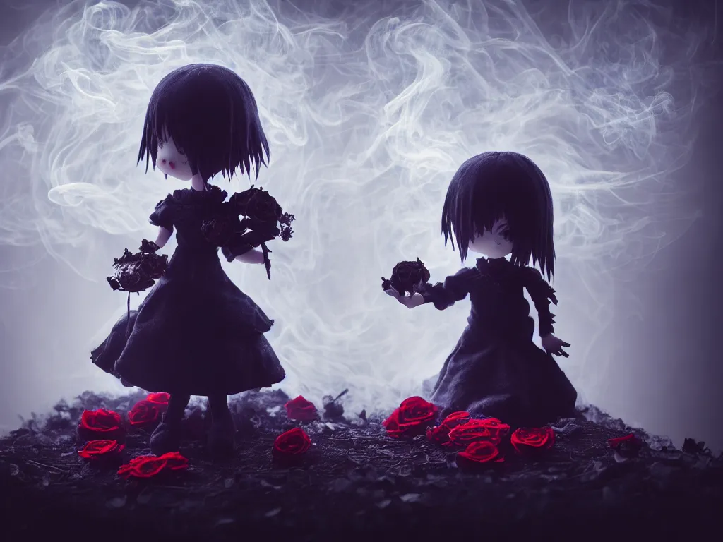 Image similar to cute fumo plush of a gothic maiden girl clutching lots of decayed roses, stale twilight, swirling vortices of emissive smoke and volumetric fog over the river, bokeh, vignette, vray