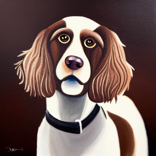 Image similar to painting of a brown and white spaniel at a smokey bar with a Martini, fine art, dots, brush marks, light effect