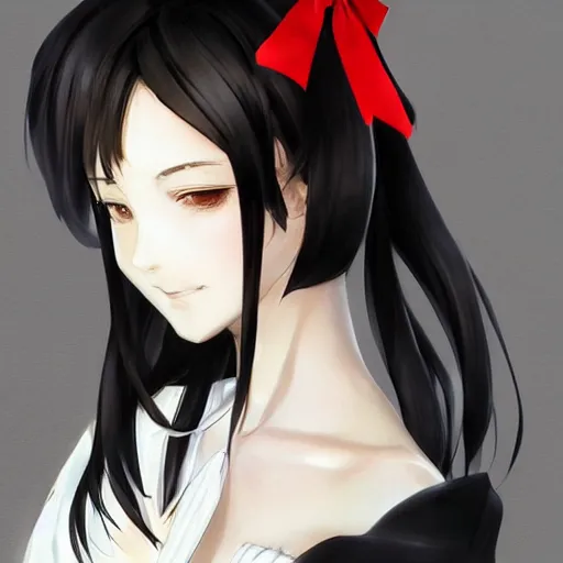 Image similar to luxury advertisement, astonishing portrait of a very beautiful anime high-school girl with black hair ponytail, white ribbon, full perfect face, realistic, highly detailed background, artstation, 120 degree view, drawn by Sasoura, Satchely and Akihiko Yoshida, no distortion