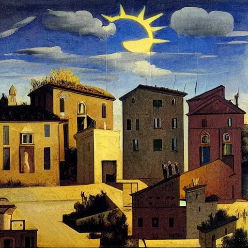 Image similar to solarpunk dreaming new York stock exchange in a toscana landscape with modern houses, painted by Giorgio de Chirico, highly detailed