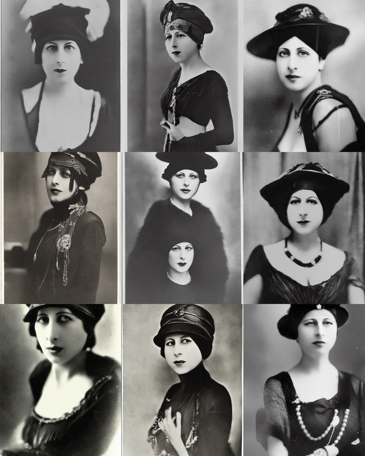 Prompt: Mata Hari as Female investigator, wearing hat, 1920s, portrait