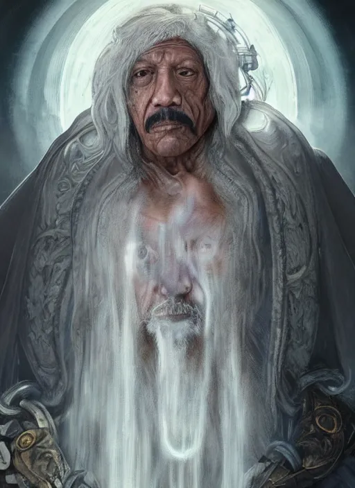 Image similar to Portrait of Danny Trejo, white glowing eyes, silver hair, cloak, ethereal wings, male, fantasy, extremely detailed, digital painting, artstation, concept art, smooth, sharp focus, illustration, stunning lighting, art by artgerm and greg rutkowski and alphonse mucha and simon stalenhag, realistic character concept, high fantasy, light atmosphere, golden ratio, cinematic lighting, hyperdetailed, high resolution, insanely detailed and intricate, artstation, Marc Simonetti, Greg Rutkowski, 8k