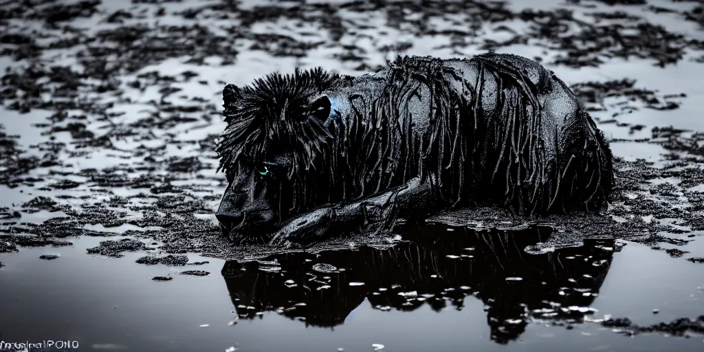 Image similar to the black lioness made of ferrofluid, rolling in the lake of sticky thick tar, viscous, sticky, full of black goo, covered with black goo, splattered black goo, dripping black goo, dripping goo, splattered goo, sticky black goo. photography, dslr, reflections, black goo, zoo, exhibit