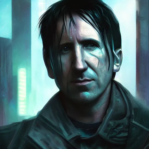 Image similar to trent reznor in cyberpunk, high resolution, digital art, trending on artstation, 8 k