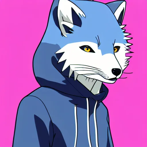 Prompt: key anime visual portrait of an anthropomorphic arctic fox fursona in a hoodie, handsome, official modern anime art