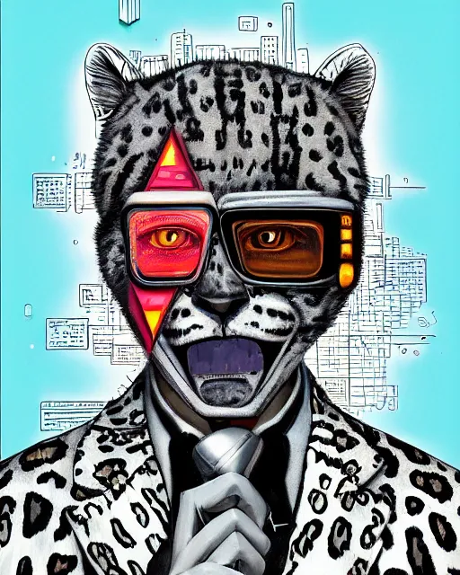 Prompt: a cyberpunk portrait of an anthropomorphic snow leopard in a business suit by jean - michel basquiat, by hayao miyazaki by artgerm, highly detailed, sacred geometry, mathematics, snake, geometry, cyberpunk, vibrant, water