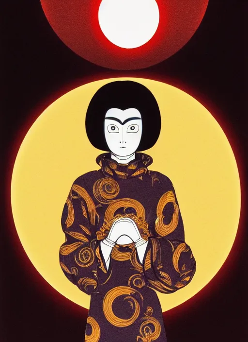 Image similar to portrait of a woman with a mask on his face in the form of a spiral in a golden kimono, full face, against the background of a bright red moon, sad motif, by hisashi eguchi, kentaro miura, and yoshitaka amano, soft colors, futuristic, 8 k