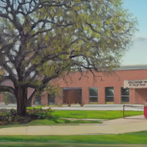 Prompt: beautiful oil painting of the lion lane school spring branch isd by olaf krans