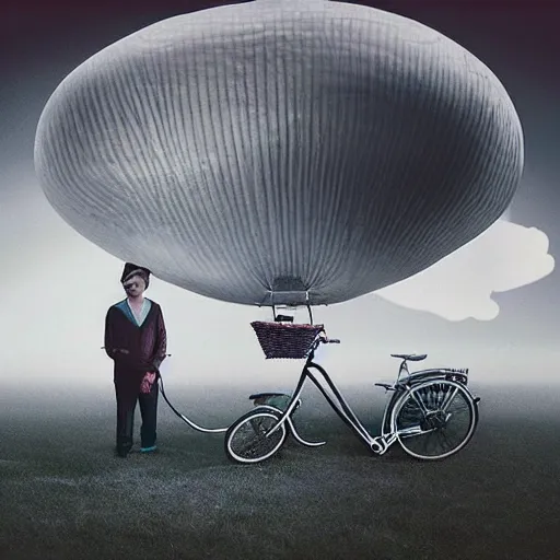 Prompt: “man using a bicycle pump to inflate an extremely large zeppelin blimp, highly detailed, dramatic lighting, Tim Burton, Studio Ghibli, Alex Pardee, Nekro Petros Afshar, James McDermott, cgsociety 4K”