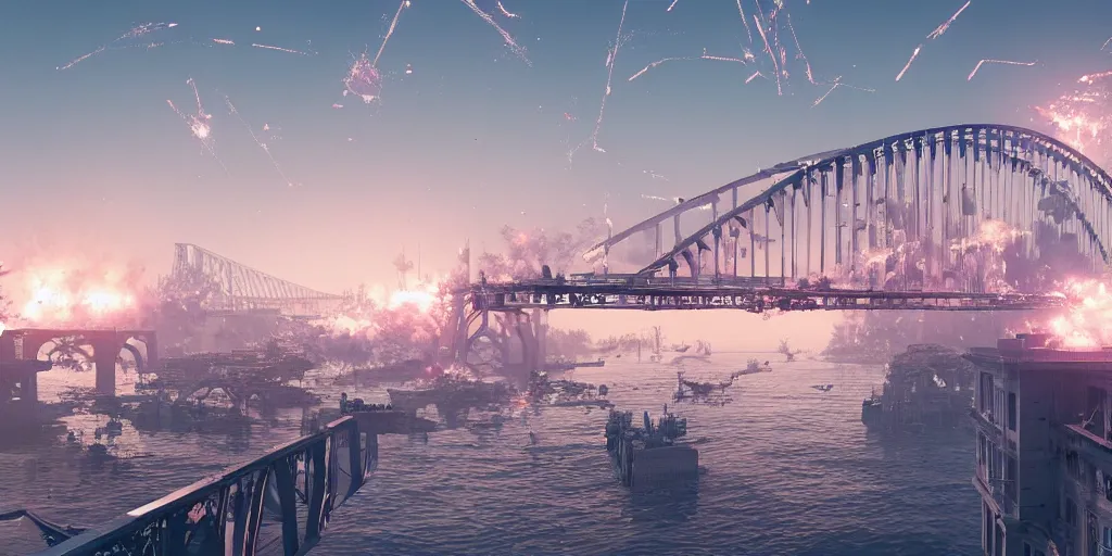 Image similar to explosions in the form of realistic white cotton plants on harbour bridge, huge white cotton everywhere on the destroyed harbour bridge, smooth, sharp focus, highly detailed, 3 d octane render, epic lighting, lots of white cotton, 8 k, by by petros afshar, tom whalen, laurie greasley