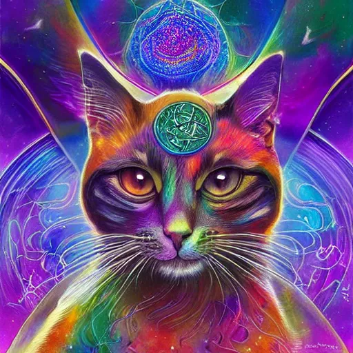 Prompt: a galaxy colored psychedelic chakra awakening kundalini ethereal portrait of a cat, eternal blessing, multiverse, by android jones, by ben ridgeway, visionary art, by artgerm, featured on artstation, cgsociety, by greg rutkowski