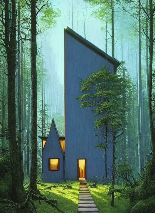 Image similar to hyper realistic witchy modern house with mood lighting and tech in the woods gorgeous lighting, blue sky, highly detailed, lush forest foliage painting by zdzisław beksinski and norman rockwell and greg rutkowski weta studio, and lucasfilm