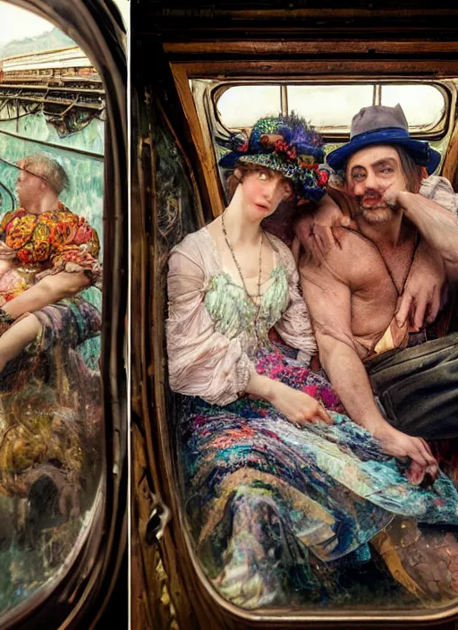 Prompt: detailed colourful masterpiece of photography by anne leibovitz couple portrait sat down extreme closeup, love, inside an underwater train, detailed realistic expressions, wearing unusual clothes, by ford madox brown and william powell frith and frederic leighton, ultra wide angle