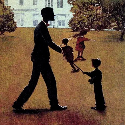 Prompt: Norman Rockwell picture of Slenderman playing with children