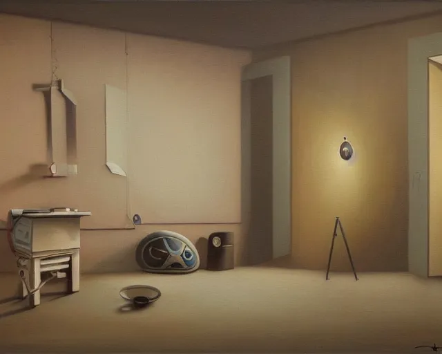 Image similar to a painting of a confusing minimalistic room with a few unusual artifacts, an airbrush painting by breyten breytenbach, cgsociety!, neo - primitivism