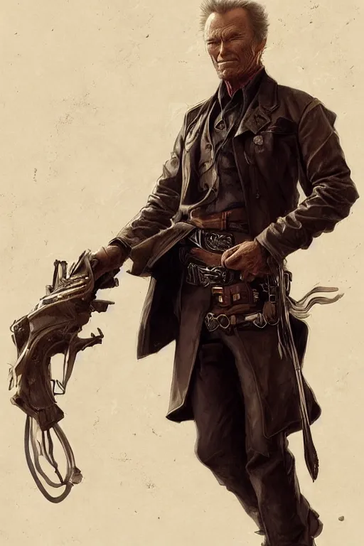 Image similar to heroic character design of clint eastwood, portrait, western, steampunk, duster, fantasy, intricate, elegant, highly detailed, digital painting, artstation, concept art, sharp focus, illustration, art by artgerm and greg rutkowski and alphonse mucha