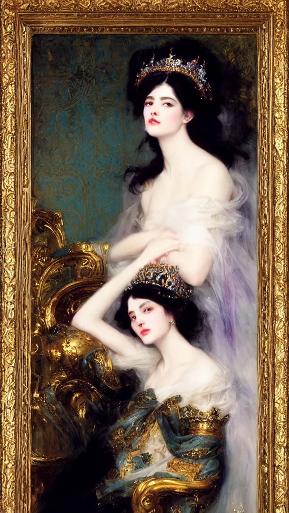 Image similar to a beautiful black haired woman with pale skin and a crown on her head sitted on an intricate metal throne by franz xaver winterhalter and delphin enjolras and rebecca guay