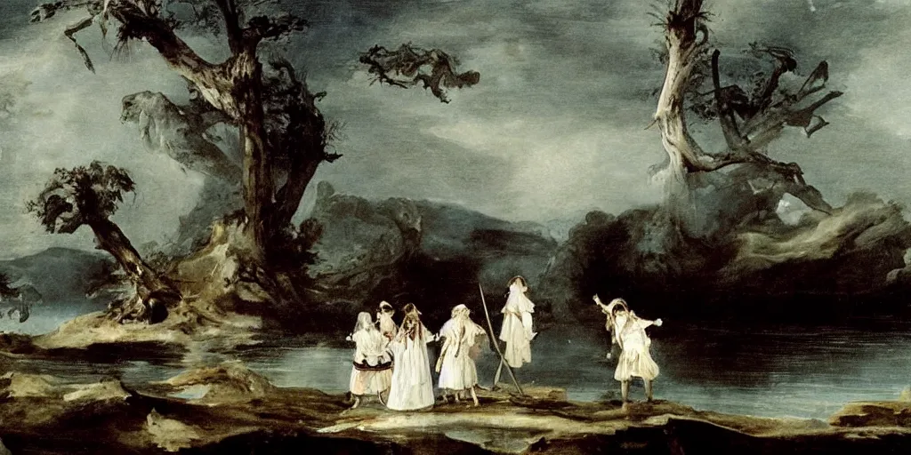 Prompt: hyperrealismBaptism on the river monster spider and girls in white capes landscape in style of Goya