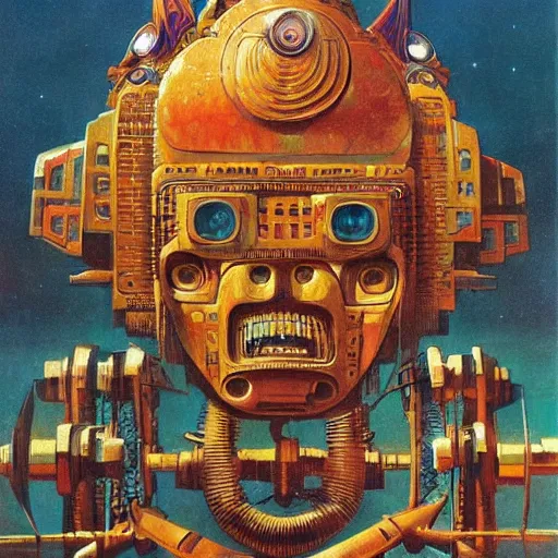 Prompt: elaborate mayan art deco mecha by j. c. leyendecker, bosch, and beksinski