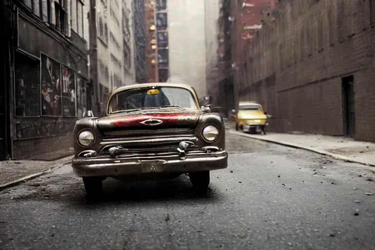 Prompt: street photography by saul leiter, in a narrow new york trashy alley, award winning photo of an ultra detailed intricate dirty vintage ford car speeding very fast on mud, fast shutter speed, motion blur, tiny gaussian blur, highly detailed, highly intricate, depth of field, trending on top gear