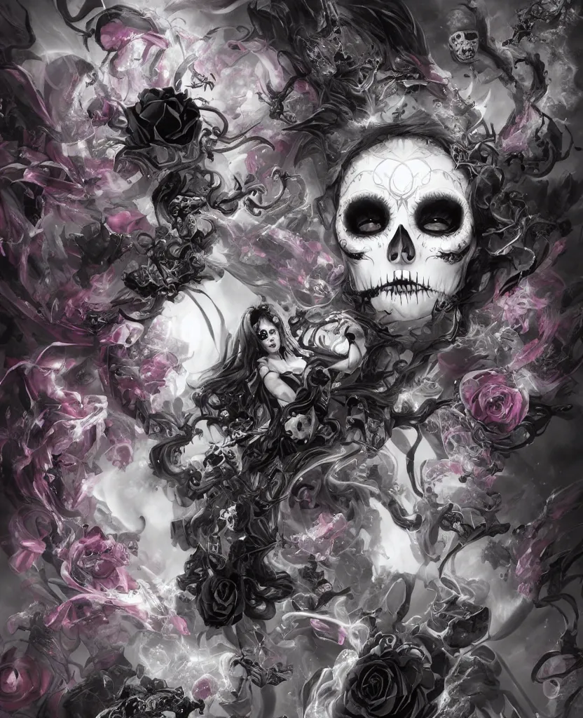 Image similar to a chaotic goddess of death skull black rose s day of the dead atmospheric, dramatic, concept art by a professional manga illustrator, Stanley Artgerm Lau, WLOP, Rossdraws, James Jean, Andrei Riabovitchev, Marc Simonetti, and Sakimichan hyperrealist, cinema4D, 8k highly detailed ❤️‍🔥 🔥 💀 🤖 🚀