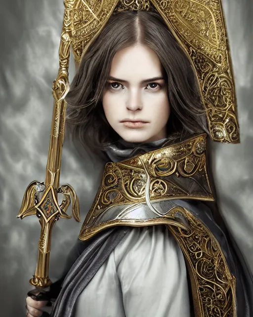 Image similar to a portrait of a muse of beauty, Elspeth Knight Errant, long flowing cape and cowl, silver and gold heavy armor, long magical staff with ruby gems, young female face, rune magic, cinematic top lighting, insanely detailed and intricate, face by wlop, Charlie Bowater, golden ratio, face close up, symmetric, elegant, ornate, luxury, elite, matte painting, MTG, magic the gathering, cinematic, cgsociety, 8k, high resolution, trending on artstation, deviantart and pinterest