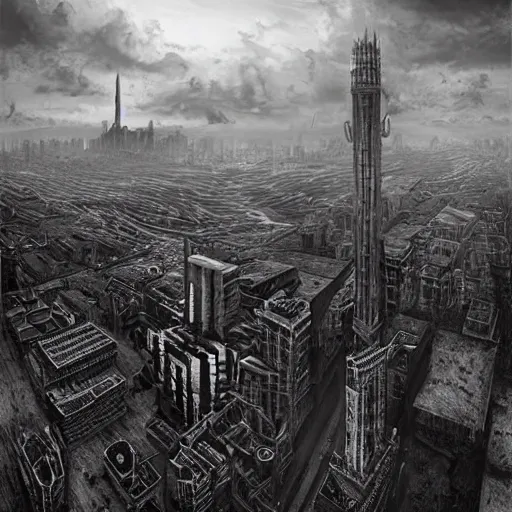 Image similar to an ultra detailed black and white matte painting of a lonely and impossibly tall ominous dark tower elevated high above the city, on an isolated plateau island in a river elevated high above the city fortress tower, fantasy capital city, ultrawide lense, aerial photography, volumetric lighting, exquisite detail, 8 k, art by artgerm and greg rutkowski and alphonse mucha