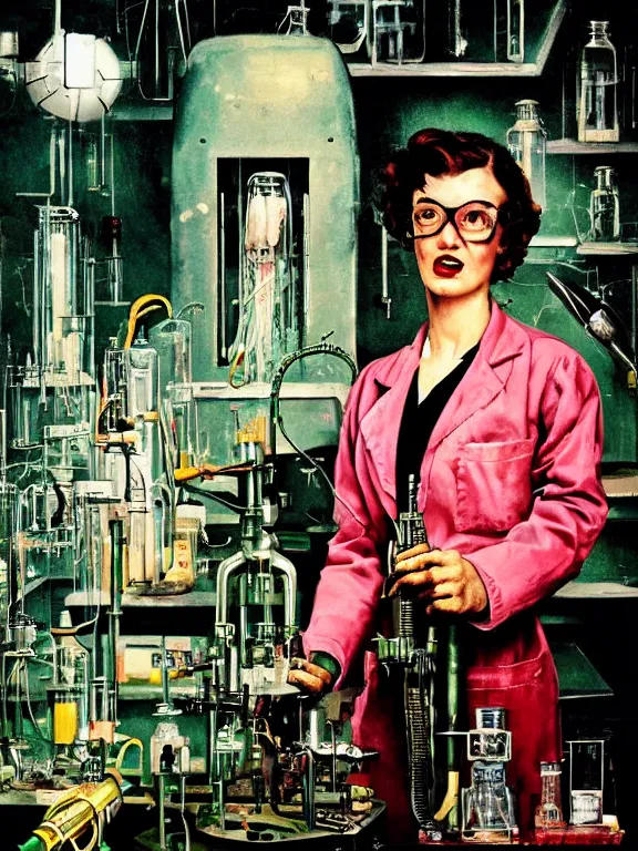 Prompt: A female mad scientist in a laboratory coat welding together a partially-built realistic retro robotic!!! man!!! in a suit, in a darkly lit laboratory room surrounded by test tubes and jars, 1950s horror film movie poster style, (Norman Rockwell oil painting), retro vintage, saturated pink and green lighting