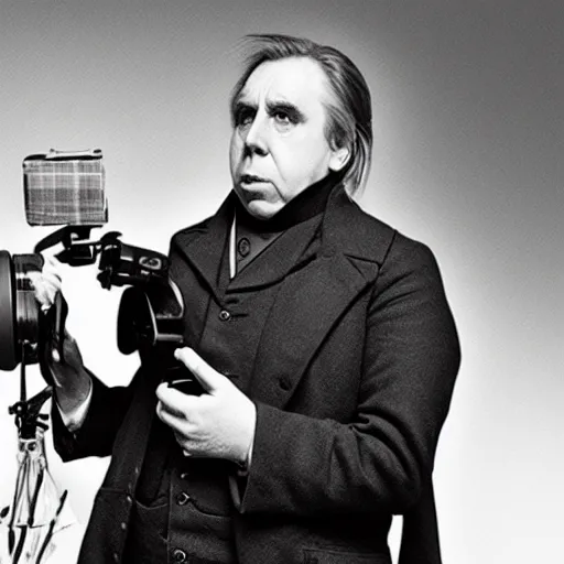 Prompt: Timothy Spall as Simon Graham holding a camera from the 1800s.