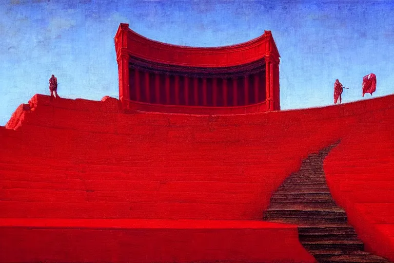 Image similar to only with red, a red great emperor, taormina amphitheatre, crowd with big smile, in the style of beksinski, parts by edward hopper, parts by rodcenko, parts by yue minjun, intricate and epic composition, red by caravaggio, insanely quality, highly detailed, masterpiece, red light, artstation, 4 k