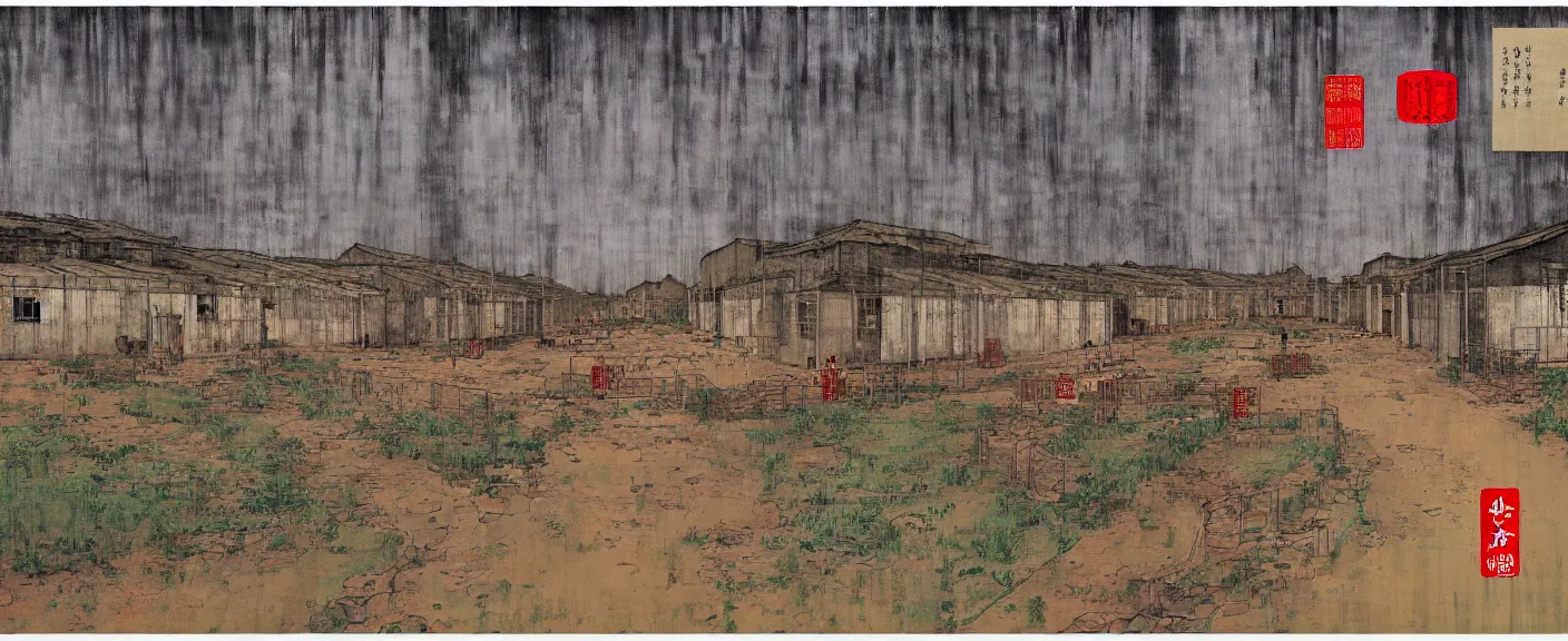 Prompt: a chinese prison near a river by peter doig, 4 k, muted colors, overlaid with chinese adverts