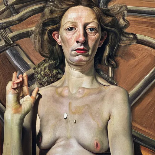 Prompt: high quality high detail painting by lucian freud, hd, street - walker medusa portrait, photorealistic lighting