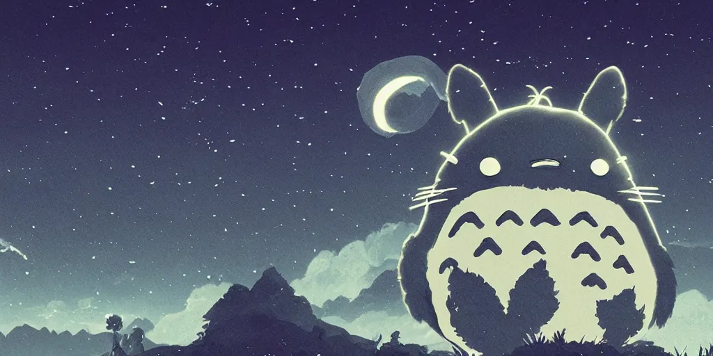 Image similar to glowing wireframe totoro, mountain landscape, night sky, digital art, digital painting, celestial