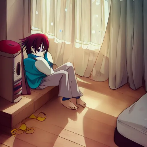 Image similar to cute art of a beautiful anime girl watching tv inside a bedroom, trending on artstation