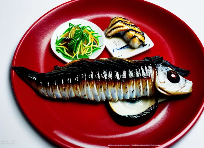 Image similar to a film still portrait of a plate with unagi grilled eel, finely detailed features, closeup at the food, perfect art, at a dinner table, gapmoe yandere grimdark, trending on pixiv fanbox, painted by greg rutkowski makoto shinkai takashi takeuchi studio ghibli, akihiko yoshida