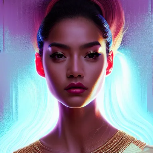 Image similar to ( ( ( portrait of tech goddess ) ) ), zoom, rule of thirds, atmosphere, intricate, regal, latinas, ( brown skin ), symmetrical!!, loreal, maybelline, sephora, loreal, artstation, art by artgerm and gonzalo ordonez arias, moody, concept art, filmic, vsco