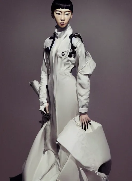 Prompt: a portrait by nick knight of a japanese girl detailed features wearing a pilot suit wedding dress synthetic materials, jumpsuits chic'techno fashion trend by balenciaga and makoto shinkai