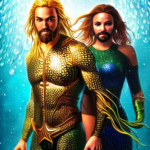 Image similar to intricate five star portrait of aquaman as a jellyfish man and his wife as jellyfish woman, oil on canvas, hdr, high detail, photo realistic, hyperrealism, matte finish, high contrast, 3 d depth, centered, masterpiece, vivid colors, enhanced light effect, enhanced eye detail, artstationhd
